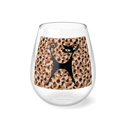 Leopard Print Mid Century Modern Atomic Cat Chic Stemless Wine Glass, 11.75oz