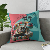 Atomic Cat Quirky Retro Rotary Phone, Kitschy Mid Mod, Pink, Aqua, Teal Broadcloth Pillow - Mid Century Modern Gal