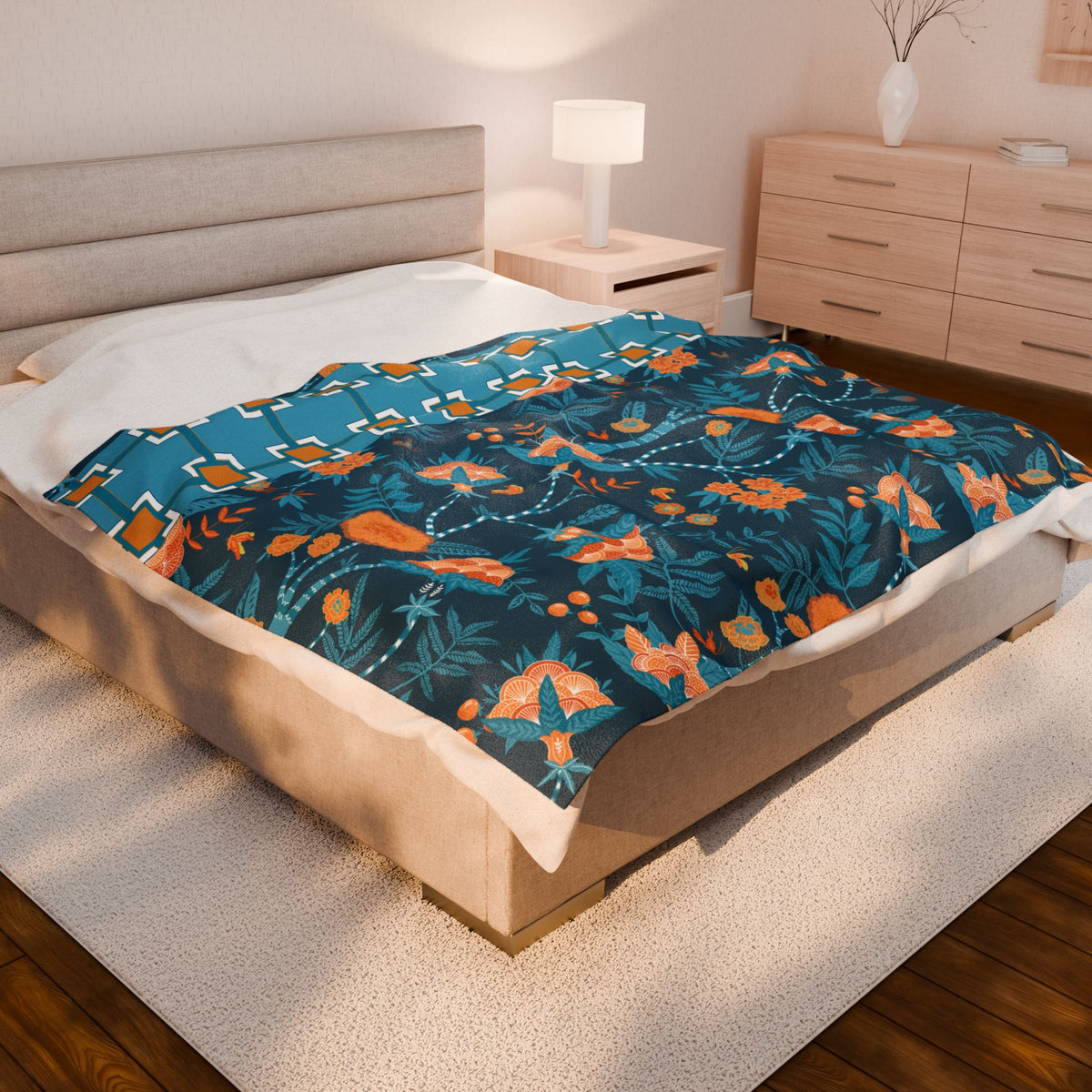 Chinoiserie Throw Blanket Blue, Orange Tropical Floral Velveteen Plush Blanket - Cozy Home Decor for All Seasons - Mid Century Modern Gal