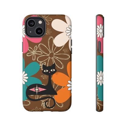 Atomic Cat Retro 70s Vibe Flower Power Tough Cases: Cute Floral and Cat Phone Case for Cat Lovers - Mid Century Modern Gal