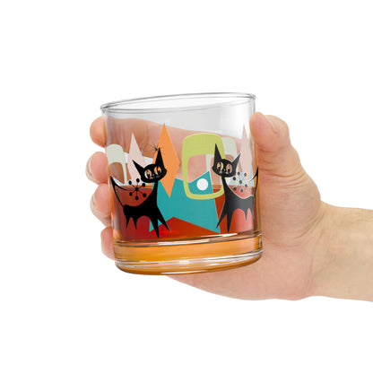 Mid-Century Modern Bourbon Rocks Glass with Cats - Unique Drinkware for Cat Lovers, Home Bar Decor, Gift for Him or Her, Cocktail Glass - Mid Century Modern Gal