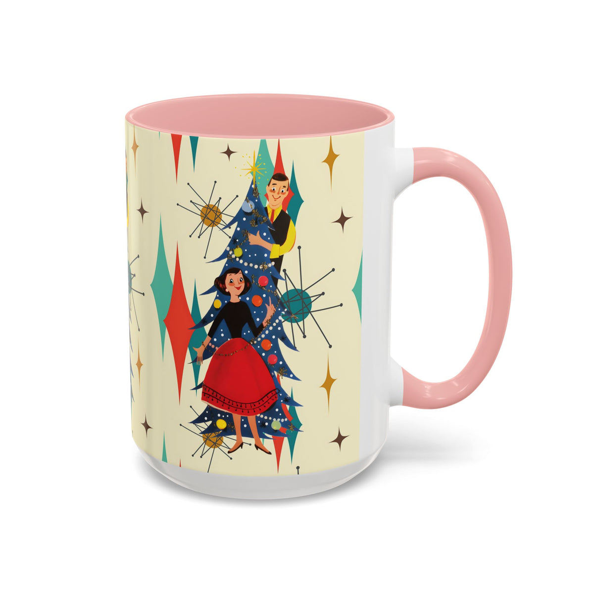 Mid Century Modern 50s Kitsch Christmas Starburst Coffee Mug featuring retro characters and starburst designs in festive colors.
