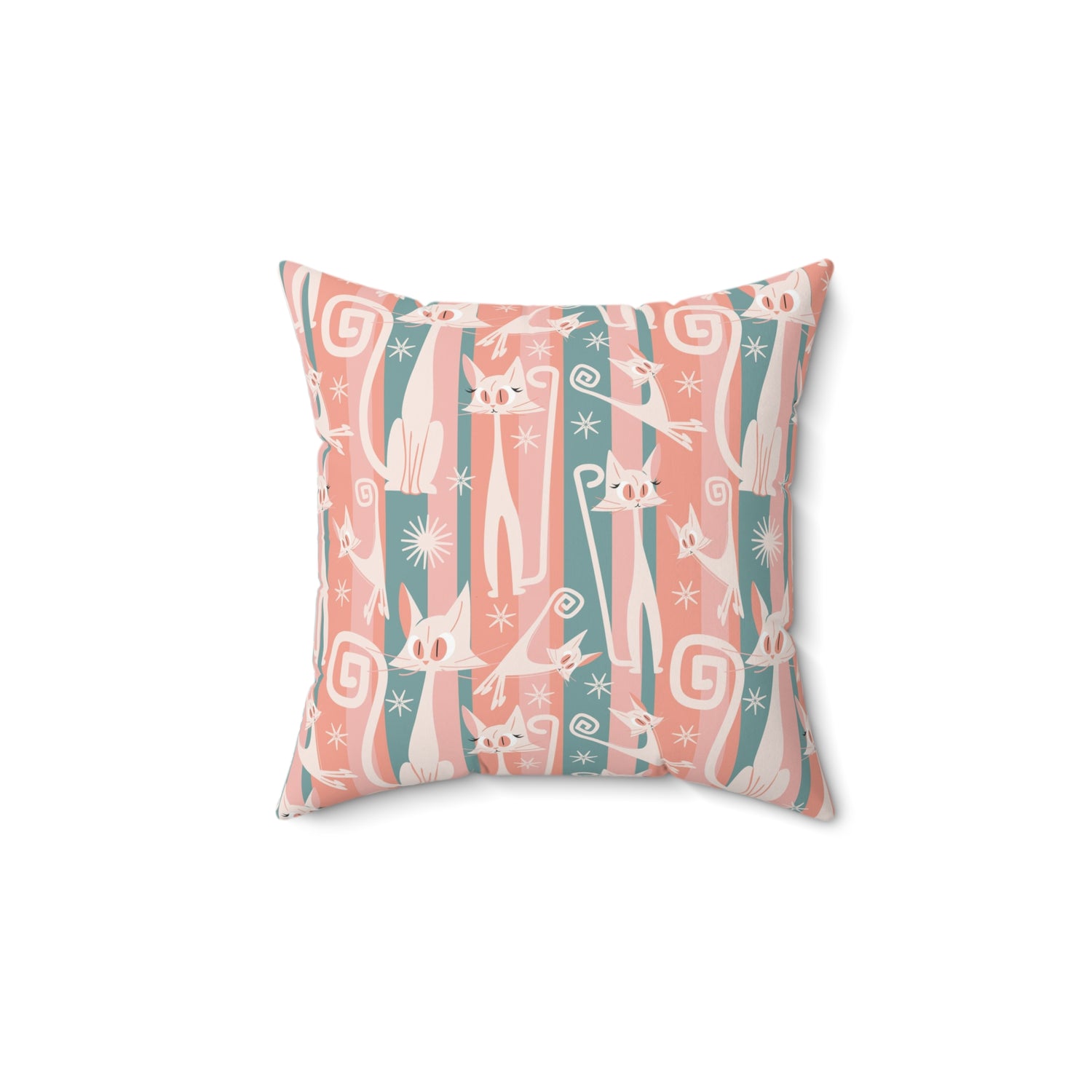Atomic Cat Coral Pink And Aqua, Kitschy White Kitty Cat, Mid Century Modern Pillow And Insert