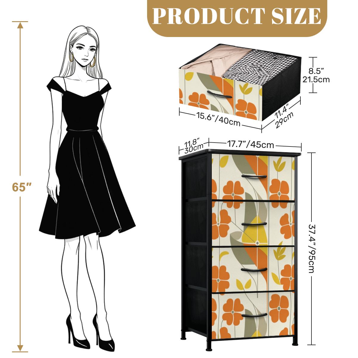 Mid Century Modern Scandinavian Modern Danish Flower, Orange, Yellow, Gray Mod 4-Drawer Dresser - Mid Century Modern Gal