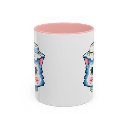 Mid Century Modern Kitschy Anthropomorphic Blue Cat with Floral Hat Accent Coffee Mug - Mid Century Modern Gal