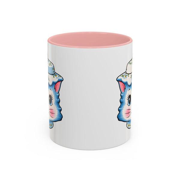 Mid Century Modern Kitschy Anthropomorphic Blue Cat with Floral Hat Accent Coffee Mug