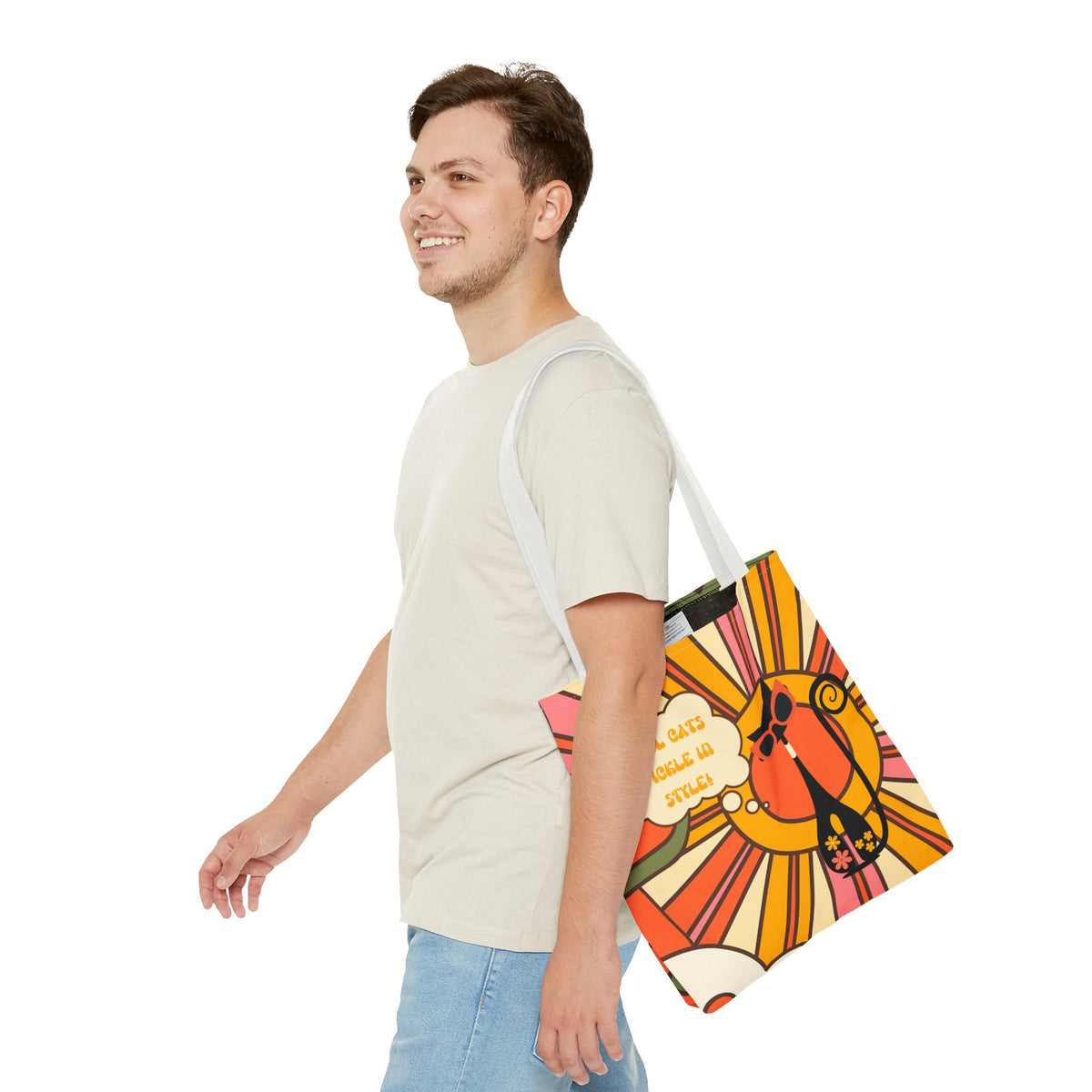 Retro pickleball tote bag featuring a groovy cat design, perfect for sports lovers and stylish outings.