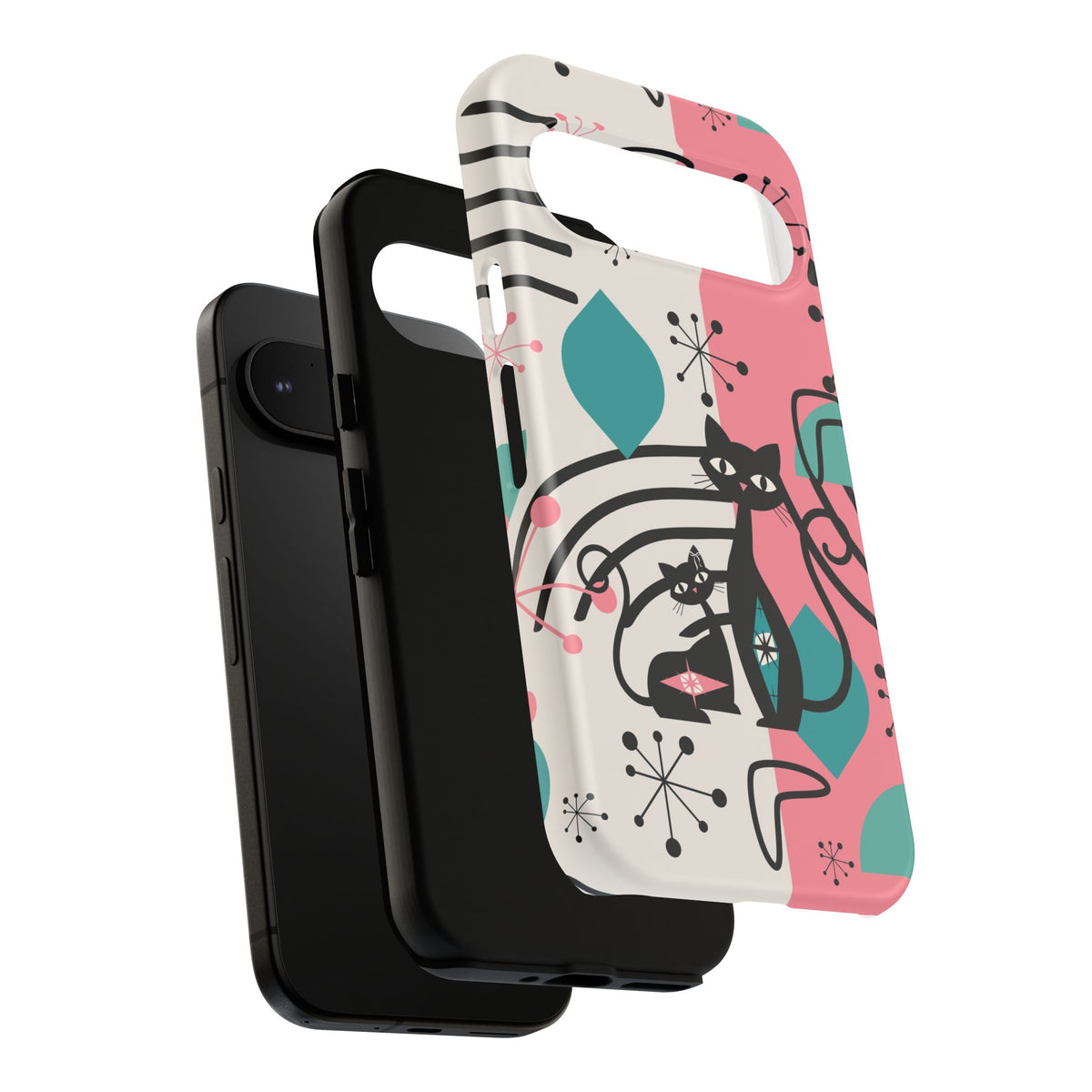 Mid Mod Atomic Cat Boomerang Starburst, Pink, Black Kitschy Stylish Cat Phone Case: Modern Design for Cat Lovers