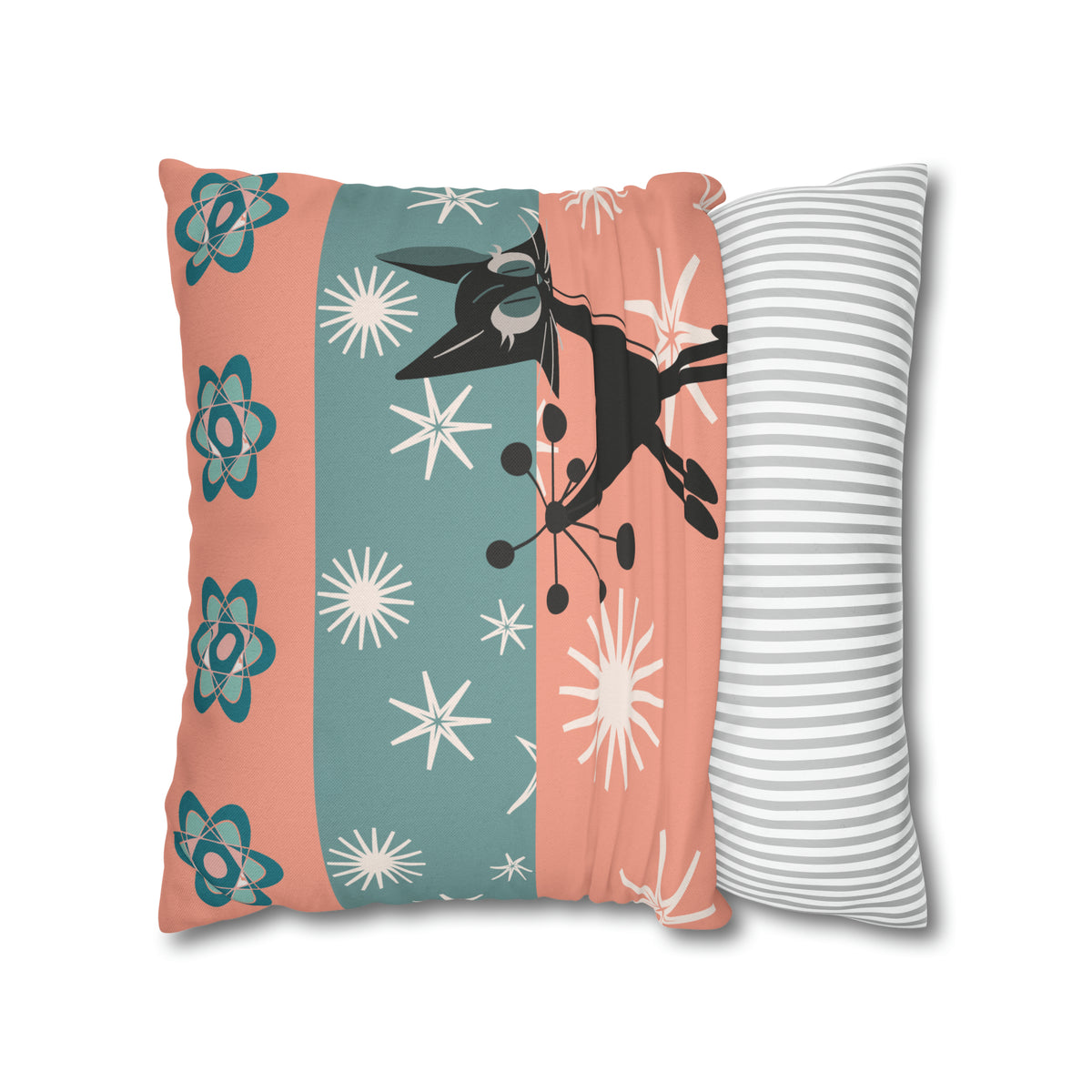 Atomic Kitschy Kittie, Black Cat Lover, Mid Century Modern Boomerang, Retro Coral, Teal, Starburst, 50s Pillow Case Cover - Mid Century Modern Gal