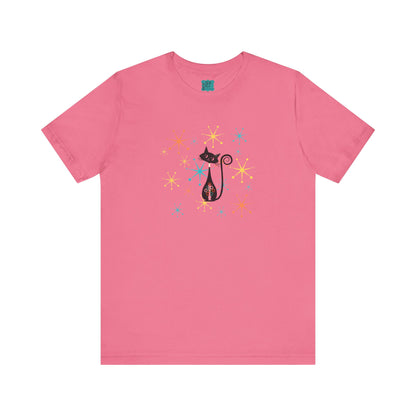 Atomic Cat Mid Century Modern Starburst Whimsical Cat Short Sleeve Tee - Colorful Star Design - Mid Century Modern Gal