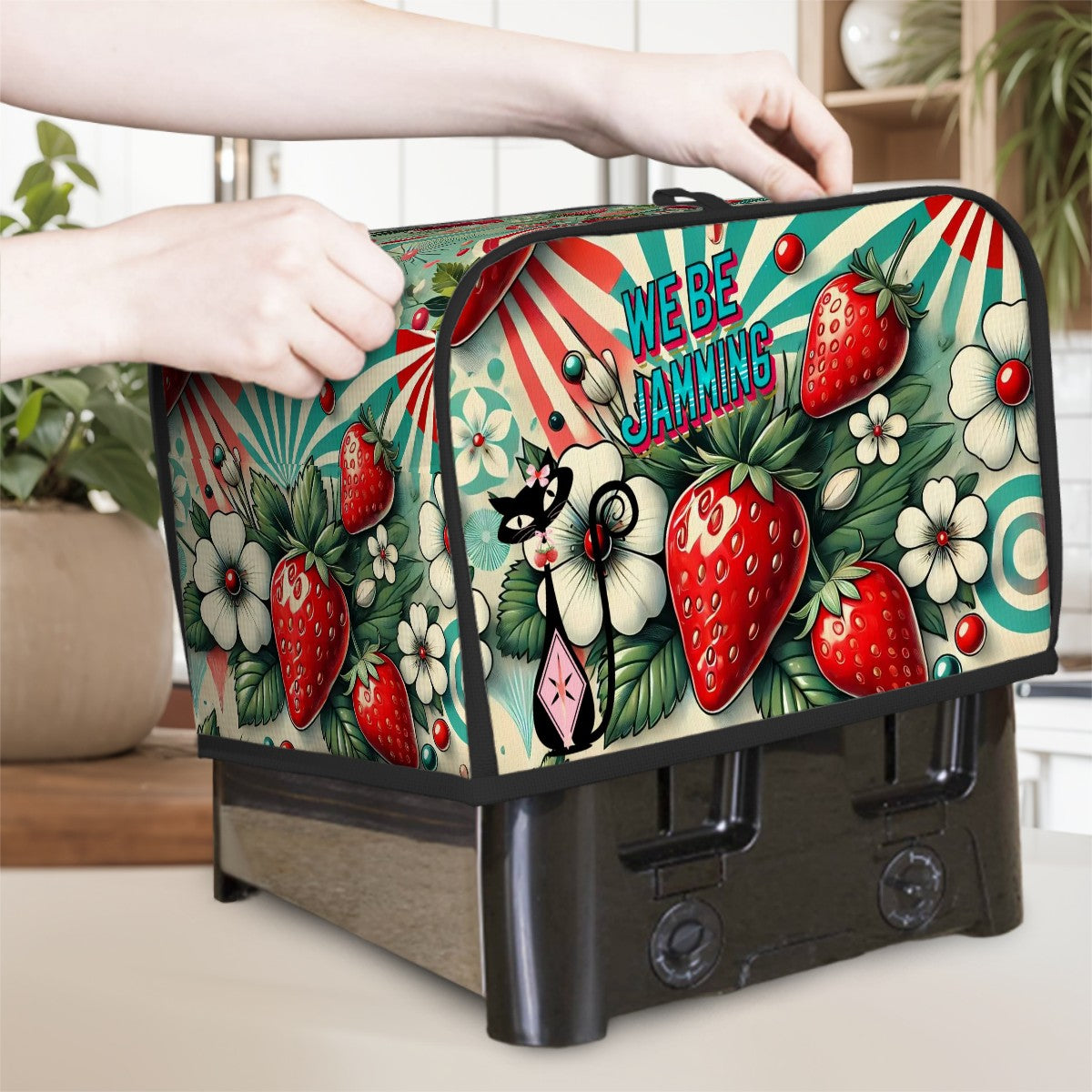 Vintage Strawberry Designed 2 Slice Toaster Cover, Kitschy Cute Atomic Cat, We Be Jamming