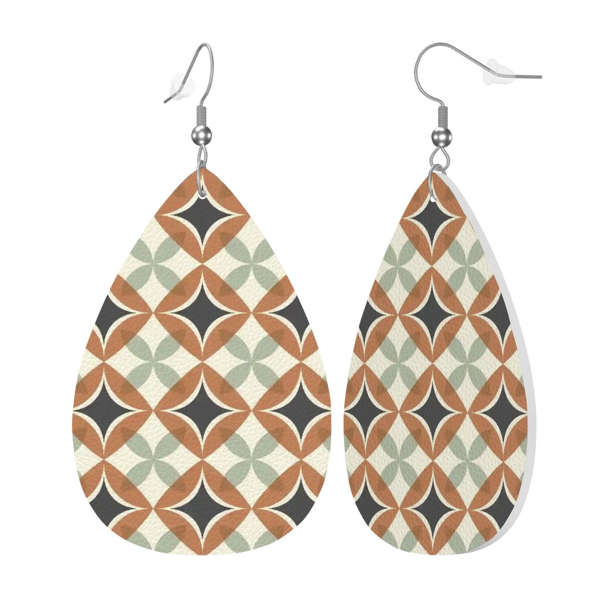 Mid Century Modern Interlocking Geometric, Terracotta Sage Charcoal Vegan Leather Teardrop Earrings - Mid Century Modern Gal