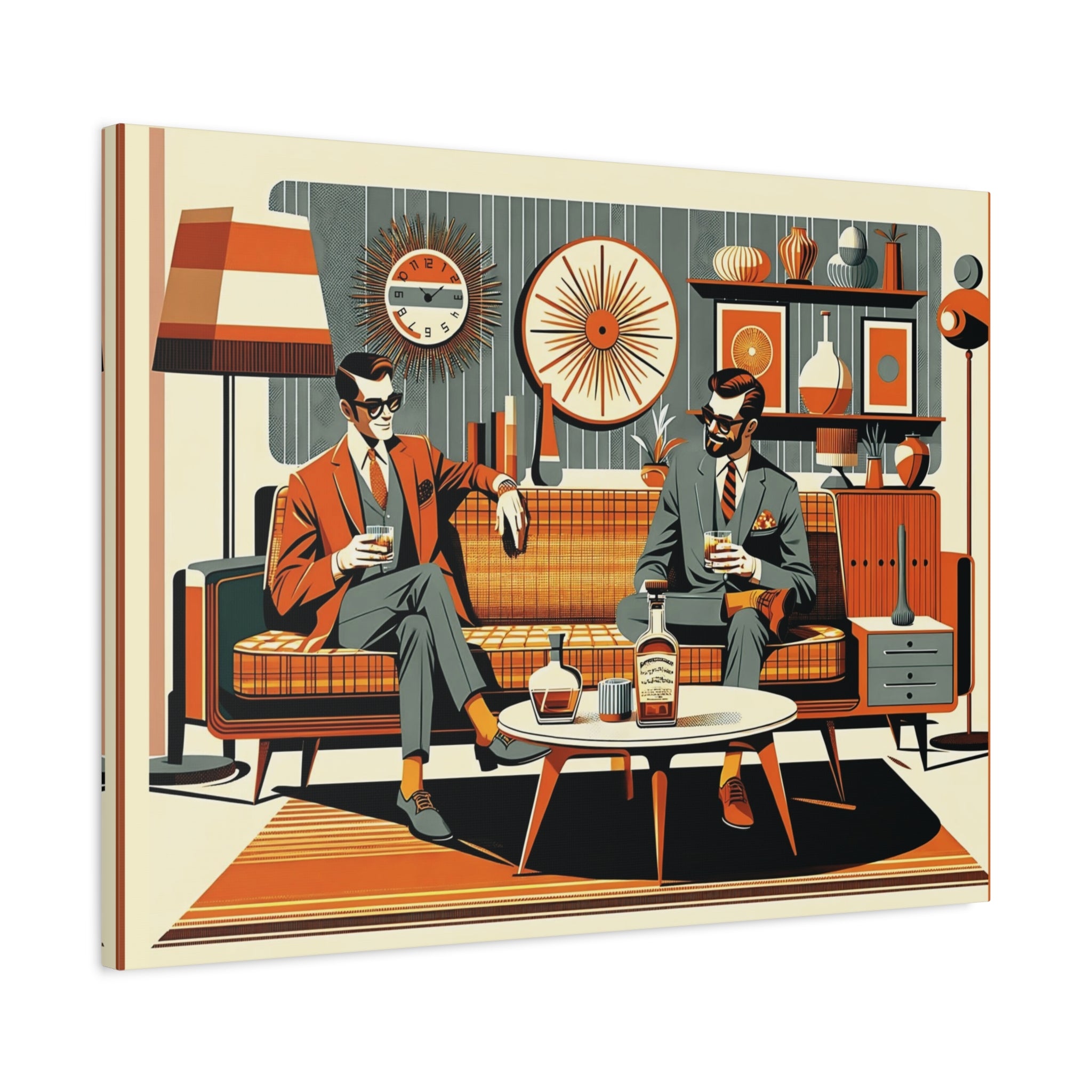 Mid Century Modern Mod Dude, Gay Male Couple Drinking Bourbon, MCM Art