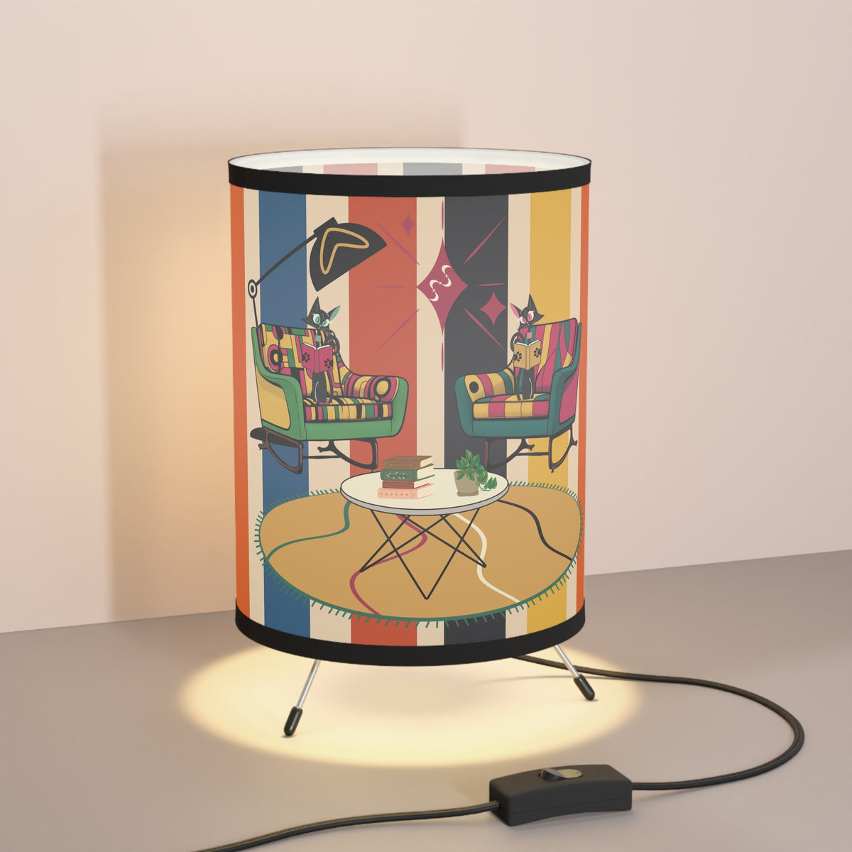 Retro Reading Lamp, Book Lovers, Book Gals, Kitschy Atomic Cats, Colorful Tripod Lamp with Vintage Scene Shade - Perfect for Living Room Decor - Mid Century Modern Gal