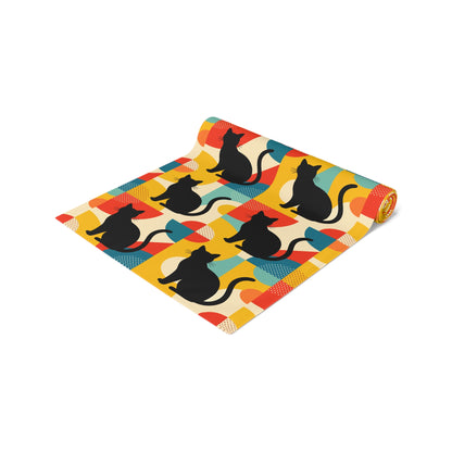 Pop Art Black Atomic Cats, Red Blue Yellow, Table Runner - Mid Century Modern Gal