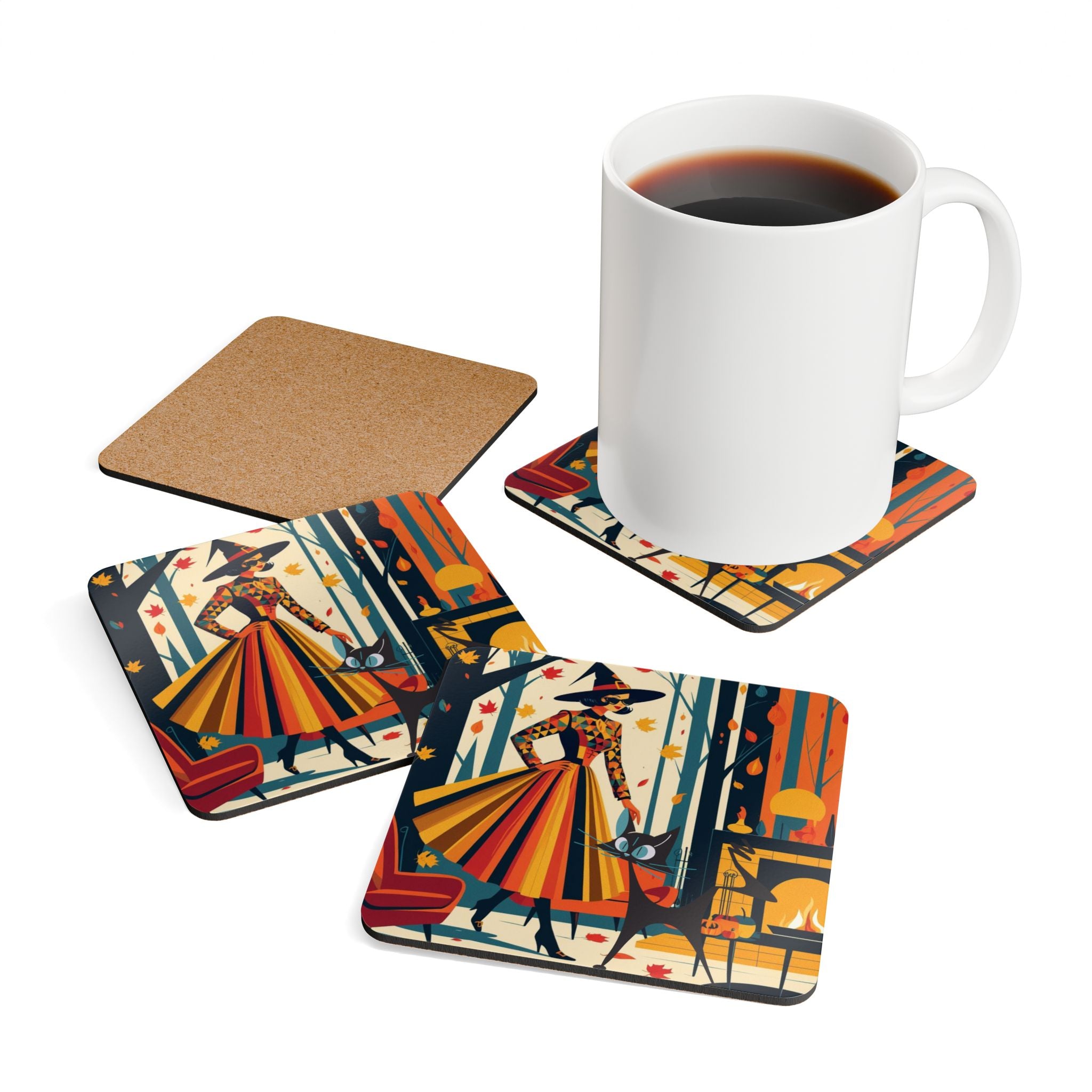 Halloween Kitsch Witch Atomic Cat, Quirky Fun Fall Halloween Corkwood Coaster Set - Mid Century Modern Gal