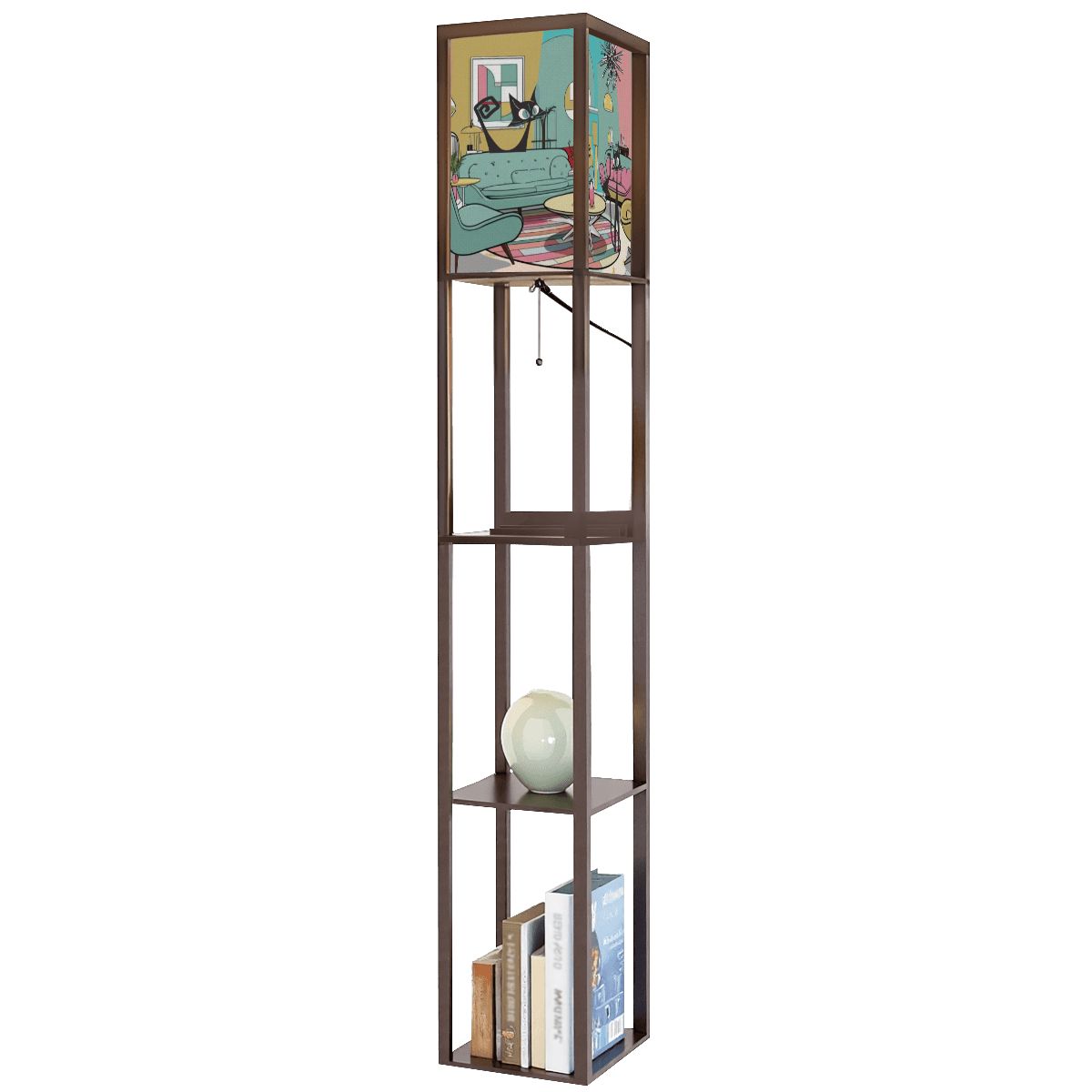 Mid Mod Retro Floor Lamp with Shelves, Adorned With Atomic Kitschy Cats In MCM Livingroom Scene - Mid Century Modern Gal