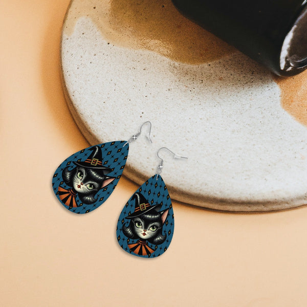 Vintage Halloween Black Cat Sexy Sexton Mid Century Modern Blue Vegan Leather Teardrop Earrings