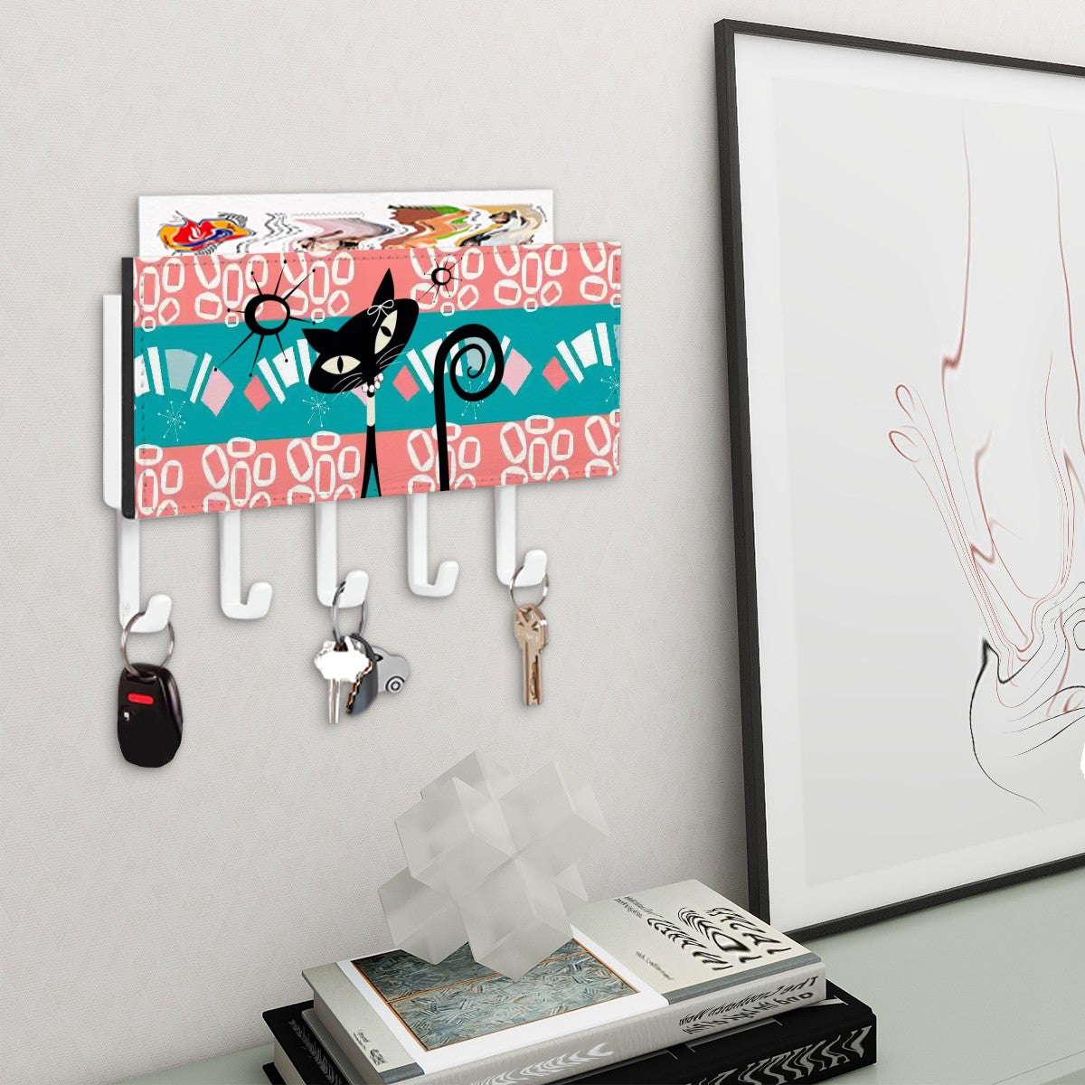 Mid Century Modern Atomic Kitschy Cat, Coral Teal Key Holder Wall Mount - Mid Century Modern Gal