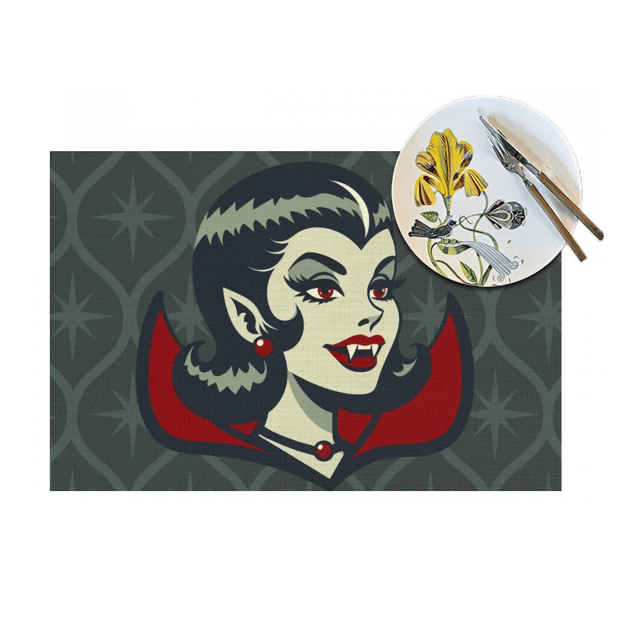 Vampire Dracula Girl Halloween Goth Horror Buff MCM Green Placemat 1pc - Mid Century Modern Gal