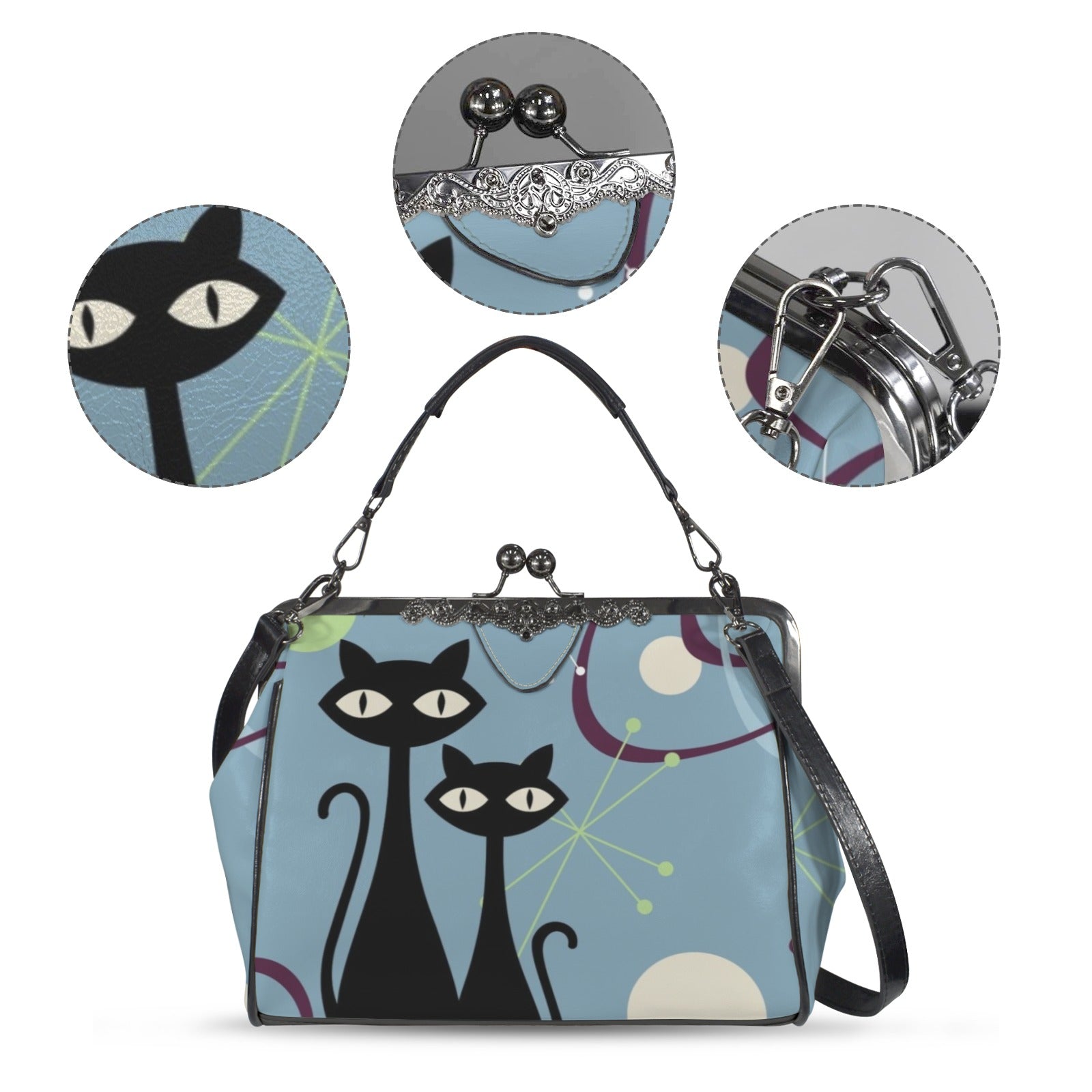 Atomic Cat Kitschy Fun Blue Boomerang Design Modern Kisslock Crossbody Purse - Mid Century Modern Gal