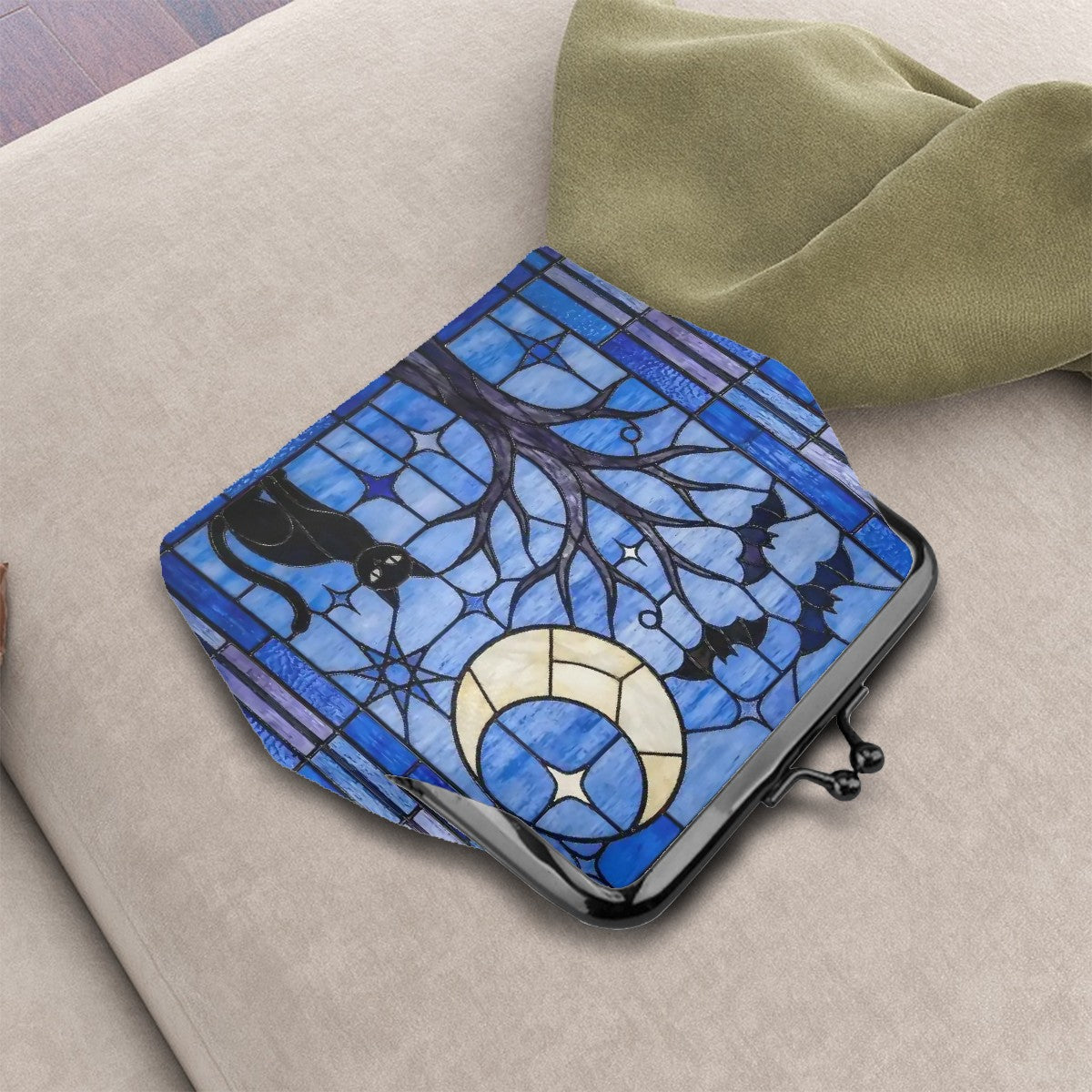 Halloween Stained Glass Style Night Sky Black Cat Coin Purse