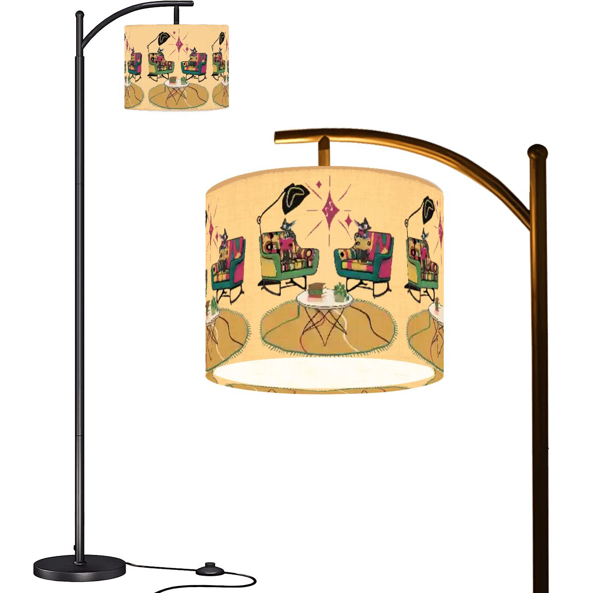 Mid Century Modern Arc Floor Lamp, Reading Lamp For Book Lovers With Atomic Kitschy Cats MCM Designed - Mid Century Modern Gal