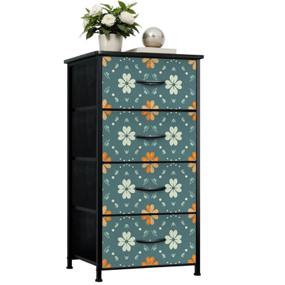 Mid Century Modern Scandinavian Blue, Orange Cream Retro Floral 4-Drawer Dresser - Mid Century Modern Gal