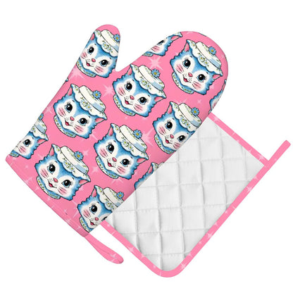 Mid Century Modern Kitschy Anthropomorphic Blue Cat with Floral Hat Silicone Oven Mitts and Pot Holders Sets (Right) - Mid Century Modern Gal
