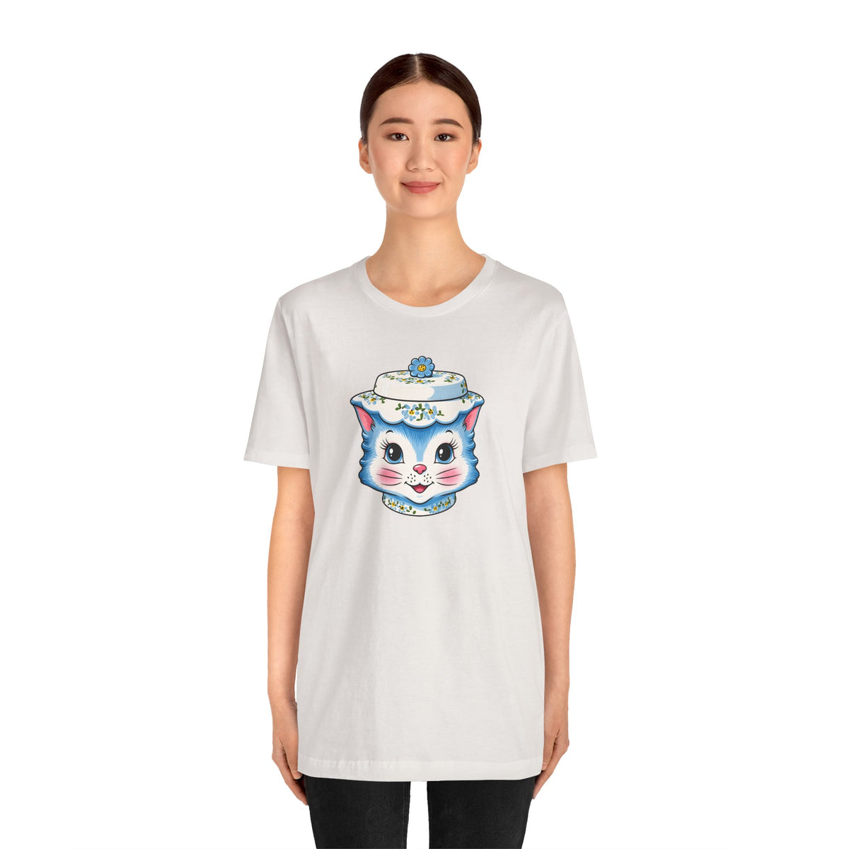 Mid Century Modern Kitschy Anthropomorphic Blue Cat with Floral Hat Unisex T-Shirt