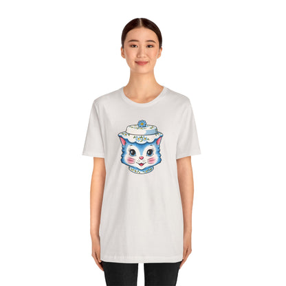 Mid Century Modern Kitschy Anthropomorphic Blue Cat with Floral Hat Unisex T-Shirt