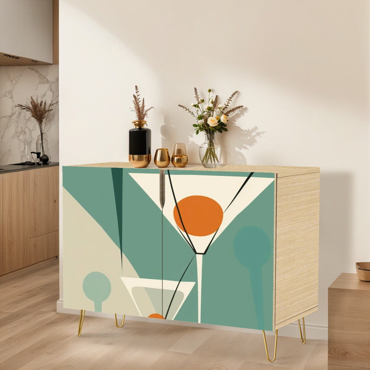 Mid Century Modern Bar Credenza Martini Green, Orange Mod Wooden Storage Cabinet - Mid Century Modern Gal
