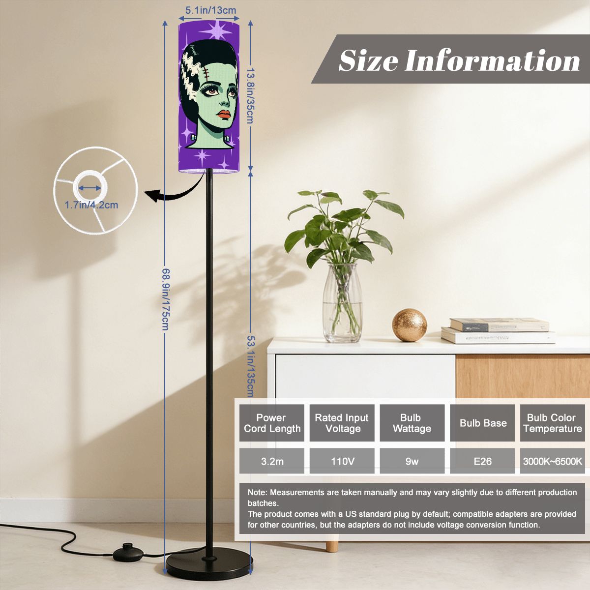 Bride of Frankenstein Retro Mid Mod Horror Buff Purple Halloween Slim Floor Lamp
