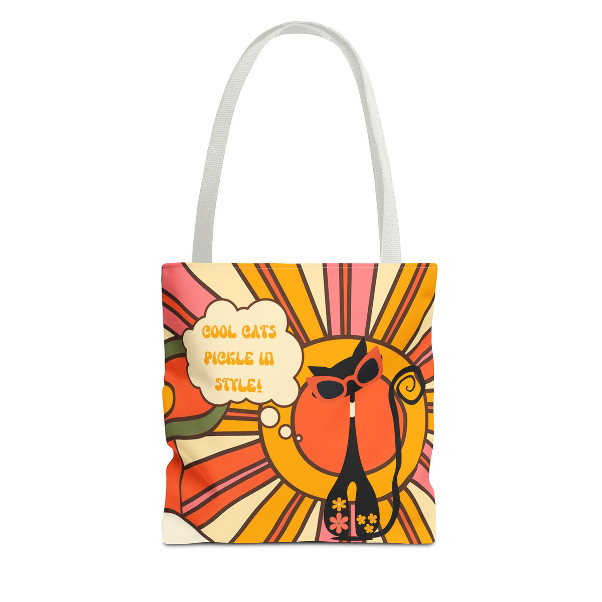 Retro tote bag featuring a groovy cat design with vibrant colors and the phrase "Cool Cats Pickle in Style.