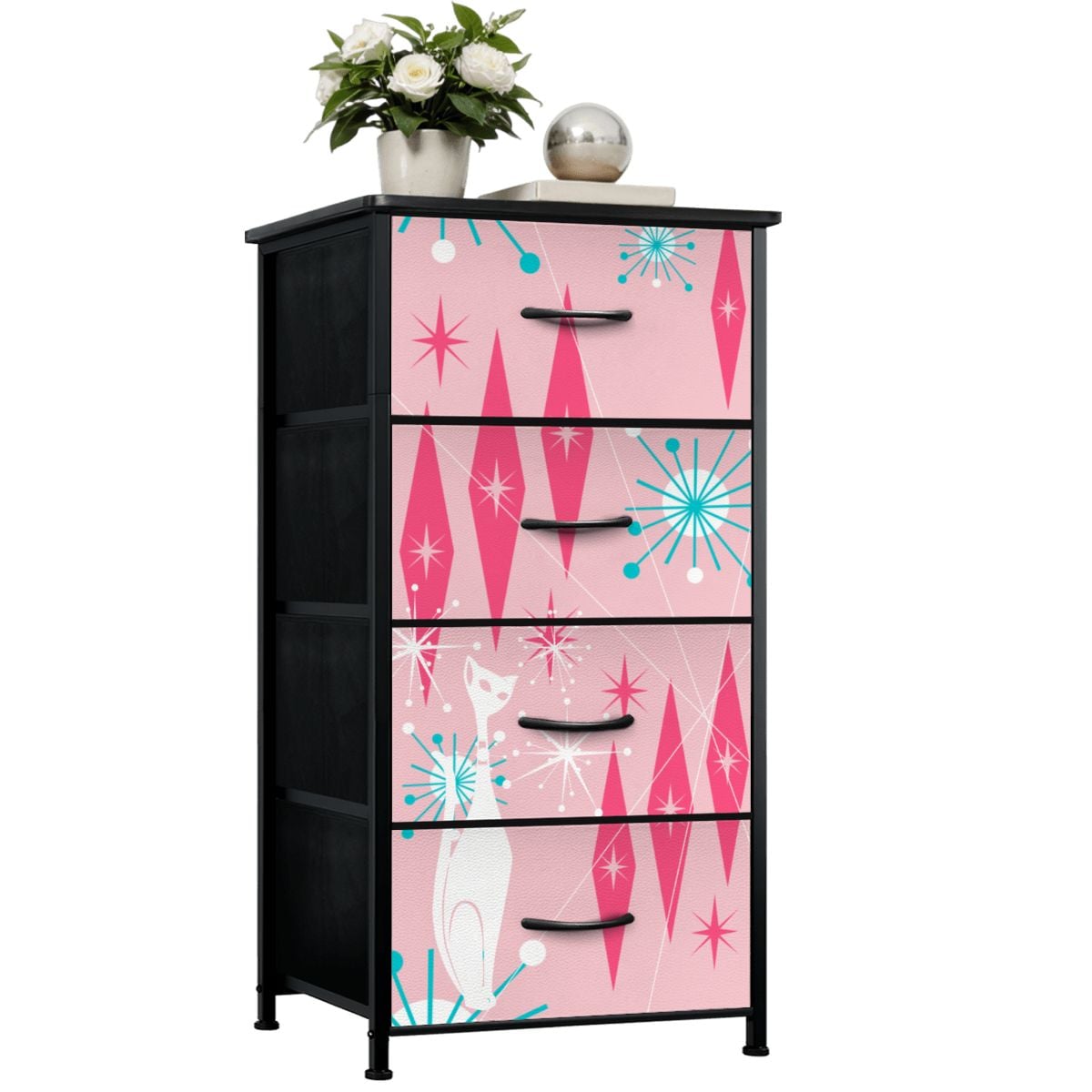 Mid Century Modern Atomic Cat Pink Starburst 4-Drawer Dresser - Mid Century Modern Gal