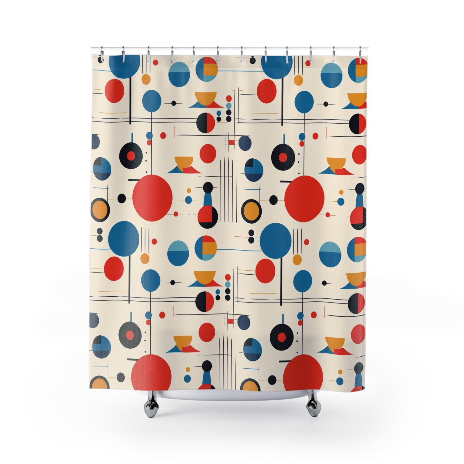 Mid Century Modern Bauhaus Red, Blue, Yellow Geometric Retro Style Shower Curtain