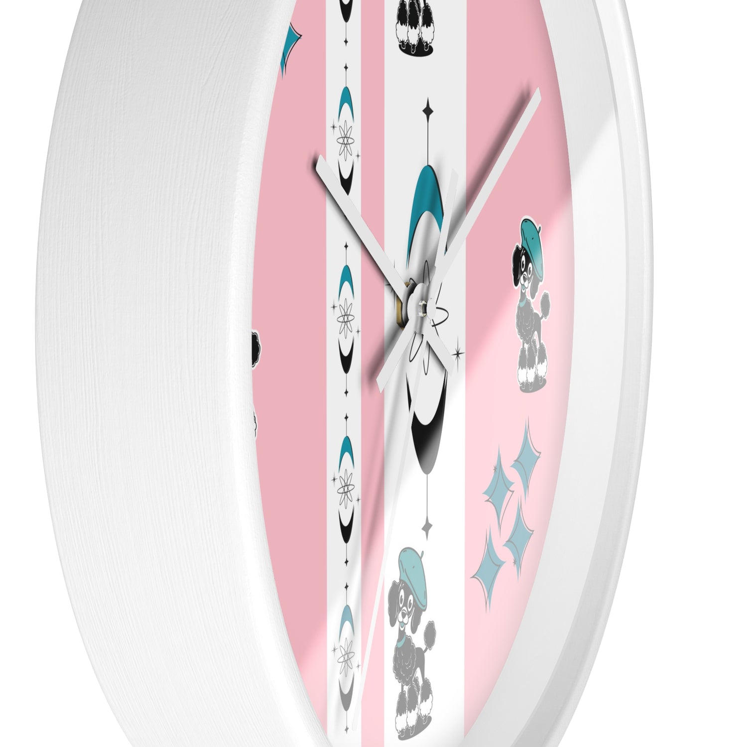 Mid Century Modern Atomic Pink Starburst Wall Clock with Cute Retro Mod Poodle Design - Mid Century Modern Gal