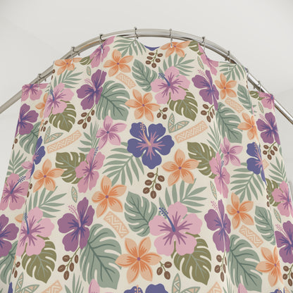 Retro Tropical Tiki Summer, Hawaiian Hibiscus Purple Shower Curtain - Mid Century Modern Gal