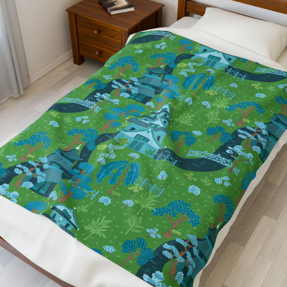 Chinoiserie Throw Blanket, Green, Blue Serene Garden Velveteen Plush Blanket - Cozy Floral Design - Mid Century Modern Gal