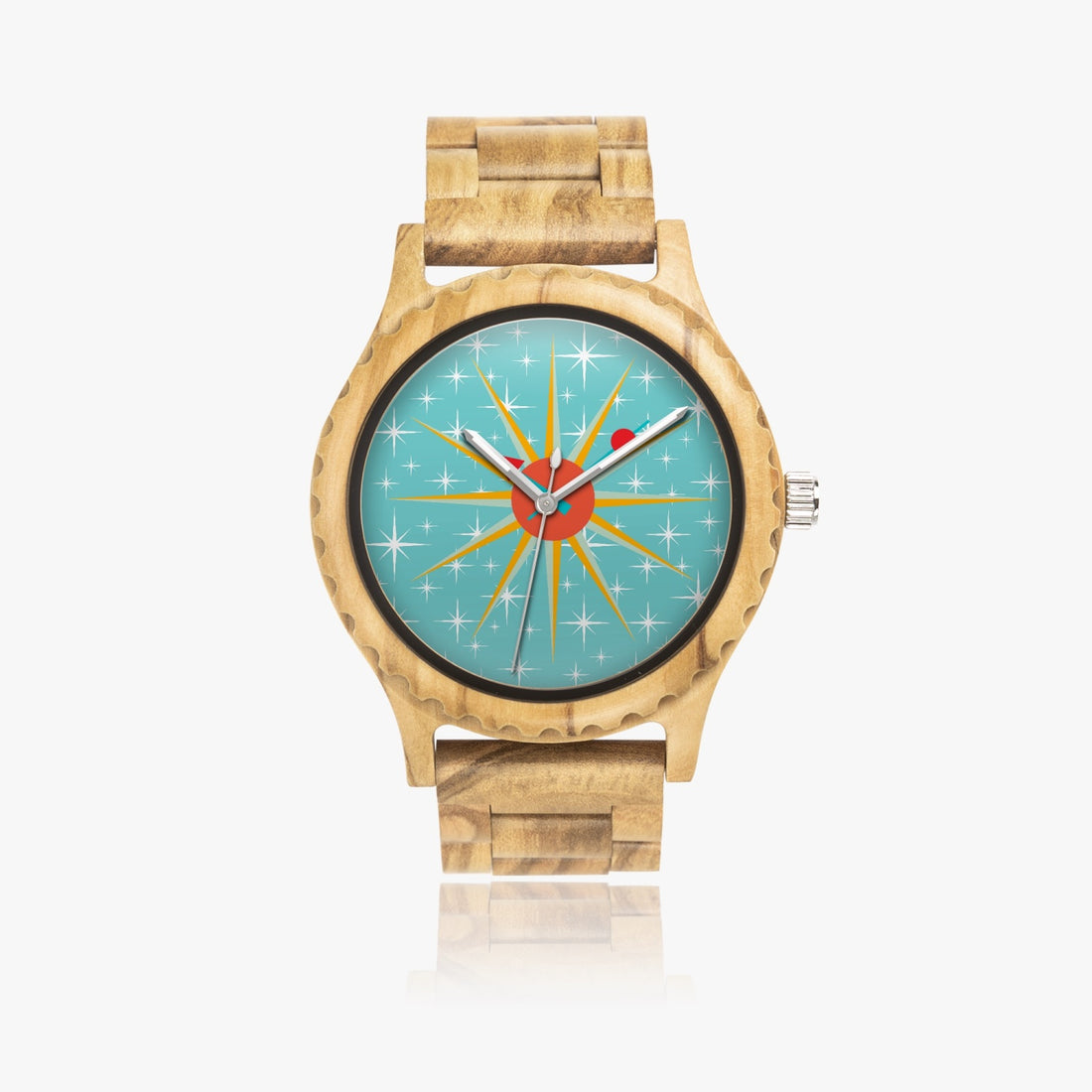 Mid Century Modern Starburst Clock, Retro Unisex Italian Olive Lumber Wooden Watch