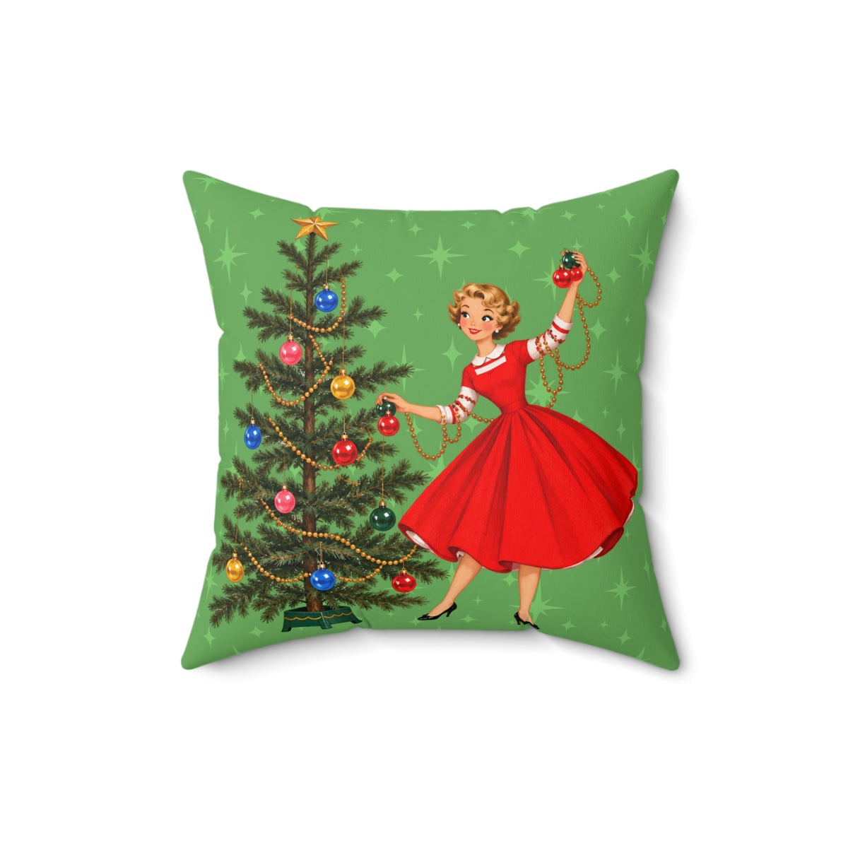 Mid Century Modern Gal Decorating Christmas Tree, Green Atomic Starbursts Pillow Cover and Insert
