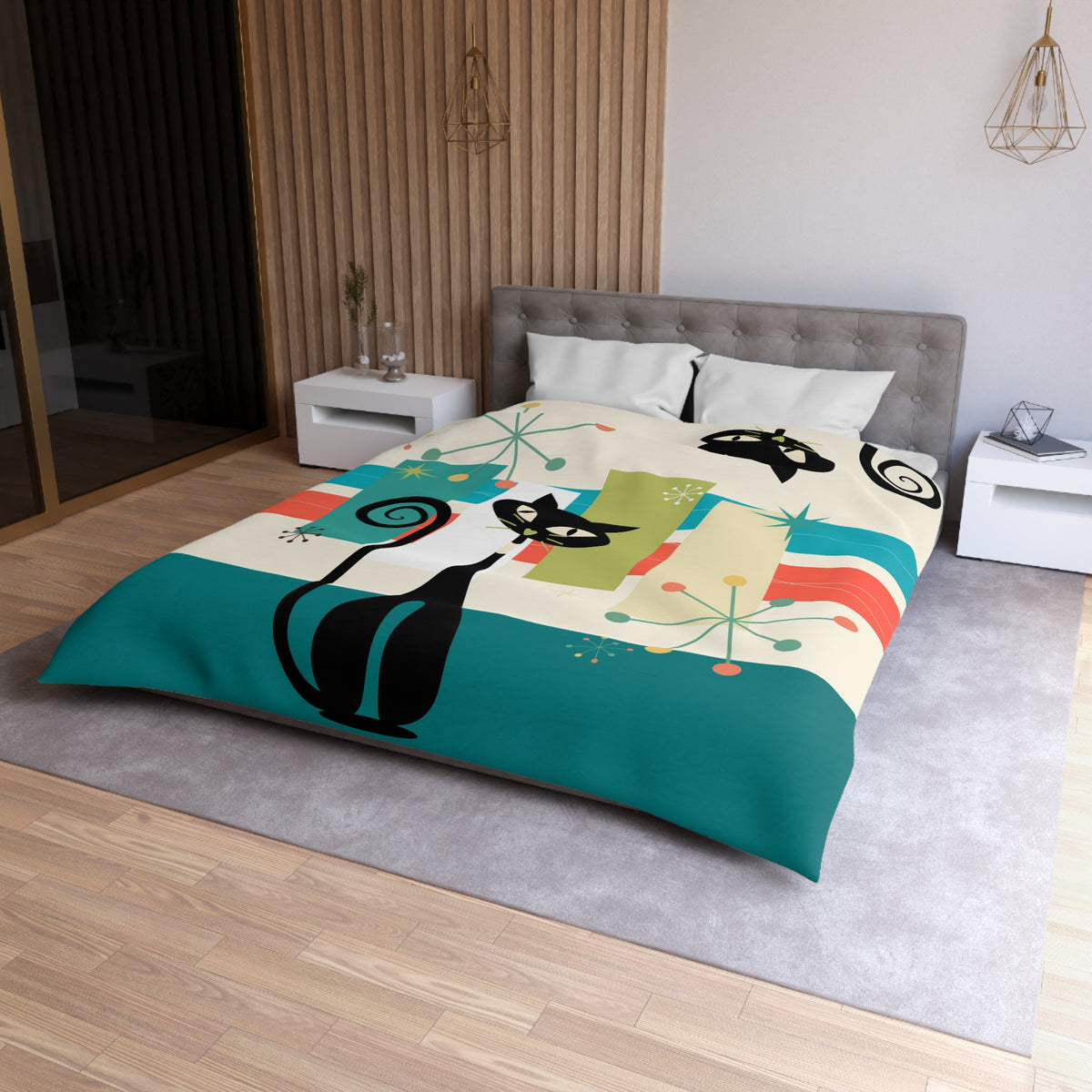 Mid Cenury Modern Atomic Cat, MCM Bedding, Starbursts,Teal, Orange,  KItschy Quirky Fun Duver Cover - Mid Century Modern Gal