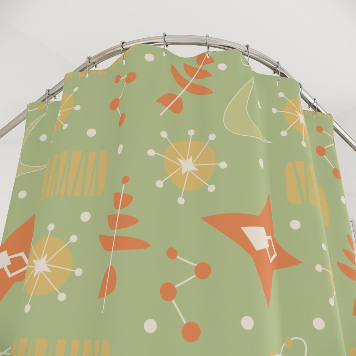 Mid Century Modern Atomic Space, Orange Green Yellow Retro Starburst Shower Curtain - Mid Century Modern Gal