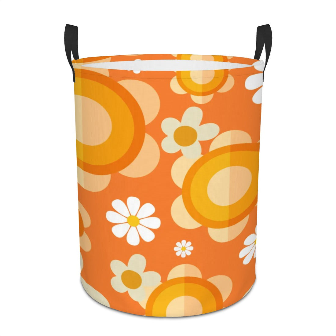 Retro Flower Power Orange Mod Daisy Circular Laundry Basket