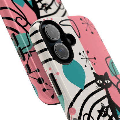 Mid Mod Atomic Cat Boomerang Starburst, Pink, Black Kitschy Stylish Cat Phone Case: Modern Design for Cat Lovers