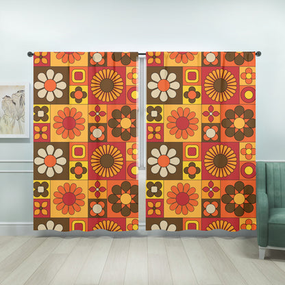 70s Flower Power Retro Orange Brown Yellow Mid Mod Window Curtains (two panels) - Mid Century Modern Gal