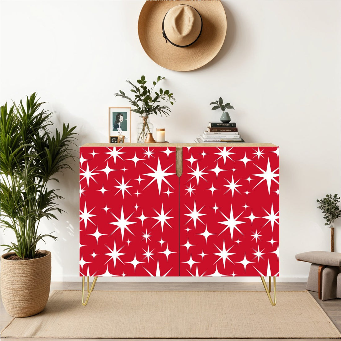 Atomic 50s Retro Red White Starburst, Mid Century Modern Wooden Storage Cabinet - Mid Century Modern Gal