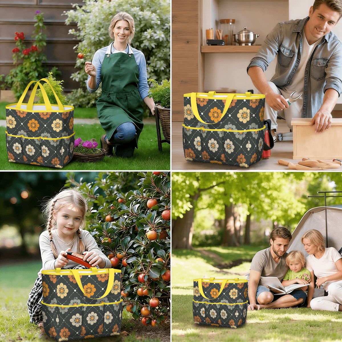 Scandinavian Floral, Mustard Yellow, Gray Mid Century Modern Garden Tool Bag