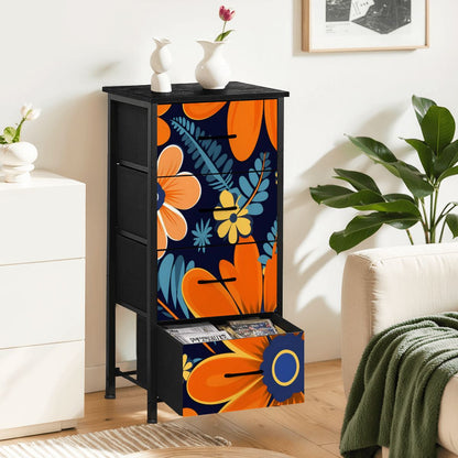 Bohemian Floral Navy Blue, Orange, Retro 4-Drawer Dresser - Mid Century Modern Gal