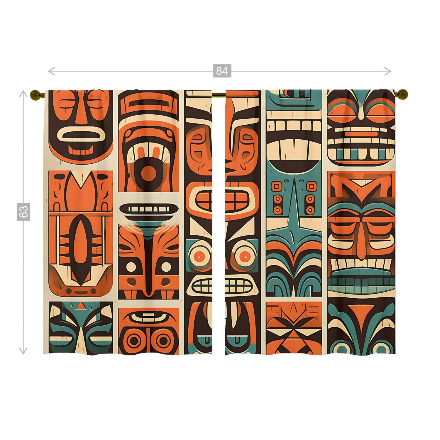 Tiki Idol Mid Mod Retro Orange, Teal Beige Window Curtains (two panels)